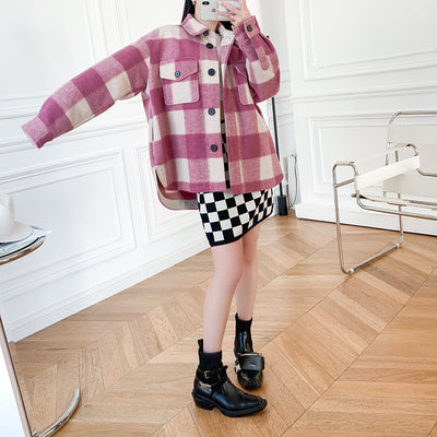 Abrigo de Lana a Cuadros Unisex con Cuello de Camisa - Diseño Holgado y Versátil - Image 14