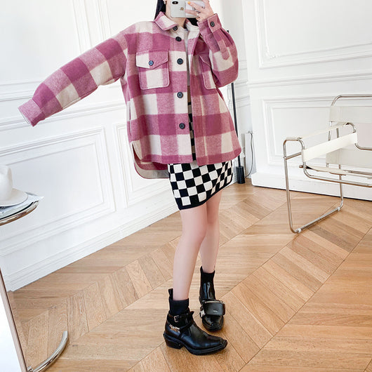 Abrigo de Lana a Cuadros Unisex con Cuello de Camisa - Diseño Holgado y Versátil - Image 14