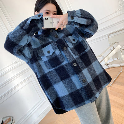Abrigo de Lana a Cuadros Unisex con Cuello de Camisa - Diseño Holgado y Versátil - Image 16
