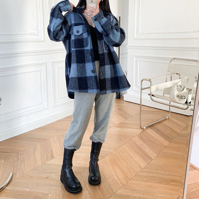 Abrigo de Lana a Cuadros Unisex con Cuello de Camisa - Diseño Holgado y Versátil - Image 18