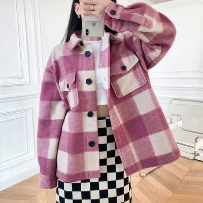 Abrigo de Lana a Cuadros Unisex con Cuello de Camisa - Diseño Holgado y Versátil - Image 19