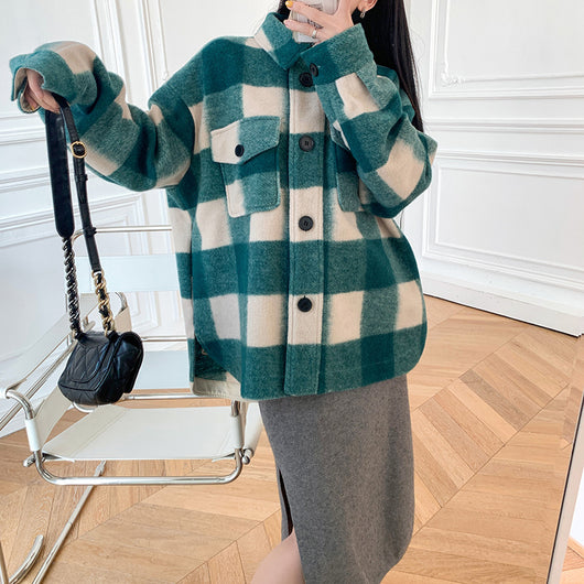 Abrigo de Lana a Cuadros Unisex con Cuello de Camisa - Diseño Holgado y Versátil - Image 20