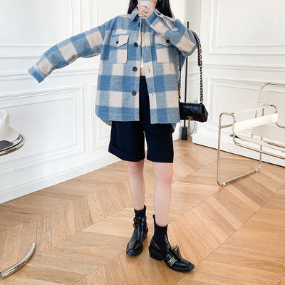 Abrigo de Lana a Cuadros Unisex con Cuello de Camisa - Diseño Holgado y Versátil - Image 21