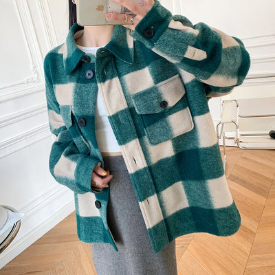 Abrigo de Lana a Cuadros Unisex con Cuello de Camisa - Diseño Holgado y Versátil - Image 22