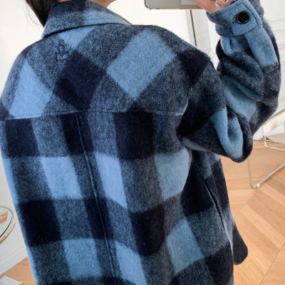 Abrigo de Lana a Cuadros Unisex con Cuello de Camisa - Diseño Holgado y Versátil - Image 25