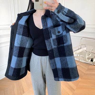 Abrigo de Lana a Cuadros Unisex con Cuello de Camisa - Diseño Holgado y Versátil - Image 30