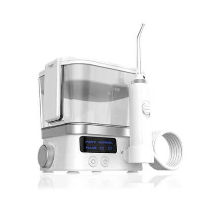 White household handheld portable oral irrigator with 600ml water tank, LED display, two nozzle tips, and USB cable. - Image 7
