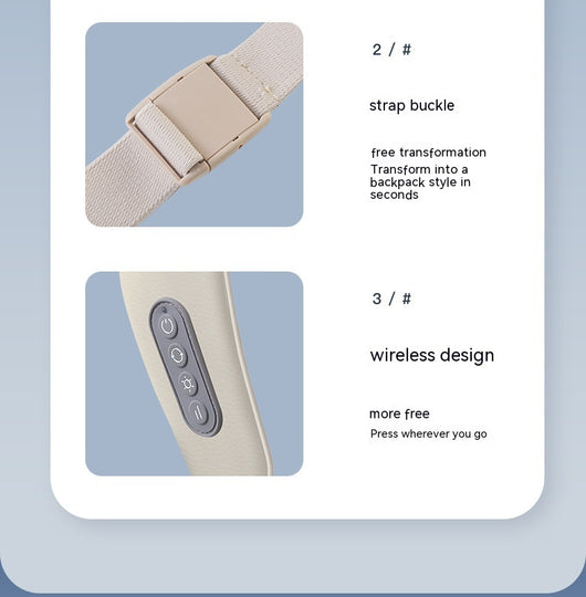 Light gray shoulder and neck massager with blue trim, featuring control buttons and adjustable straps. - Image 5