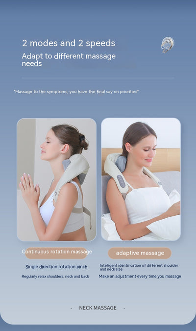Light gray shoulder and neck massager with blue trim, featuring control buttons and adjustable straps. - Image 6