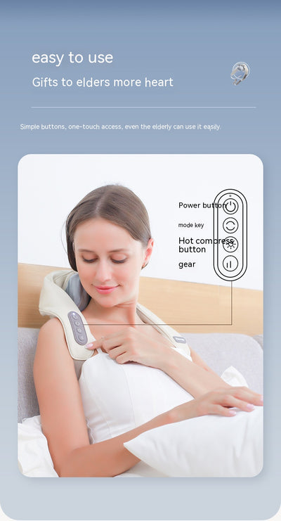 Light gray shoulder and neck massager with blue trim, featuring control buttons and adjustable straps. - Image 22