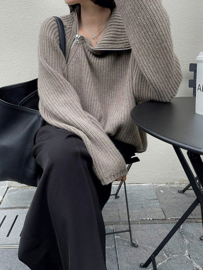 Cardigan Tejido Negro con Cierre Lateral - Suéter Grueso Holgado Camel - Image 11