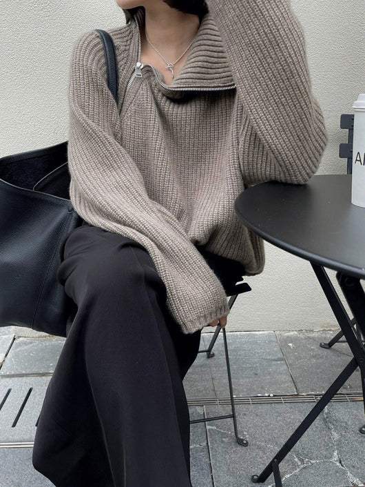 Cardigan Tejido Negro con Cierre Lateral - Suéter Grueso Holgado Camel - Image 11