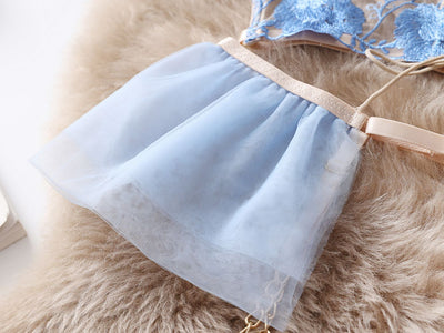 Light blue and beige embroidered sheer push-up bra set with floral lace, matching thong, garter straps, and mini skirt. - Image 46