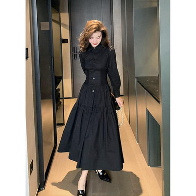 Vestido Camisero Retro Elegante Estilo Hepburn Negro - Image 20