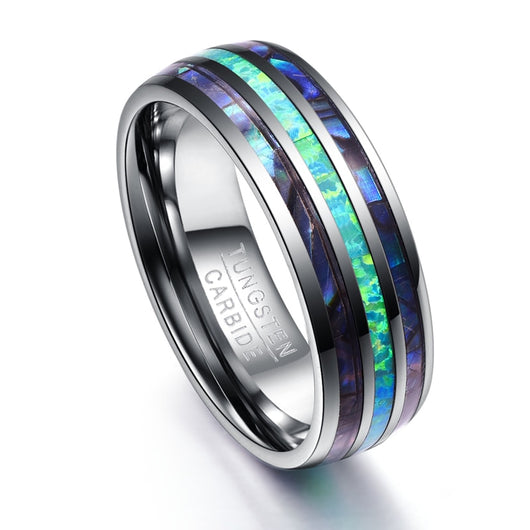 Anillo de Boda Tungsteno 8mm con Ópalo Sintético y Concha Abalone para Hombre y Mujer - Image 9