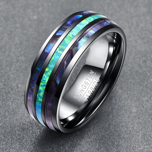 Anillo de Boda Tungsteno 8mm con Ópalo Sintético y Concha Abalone para Hombre y Mujer - Image 11