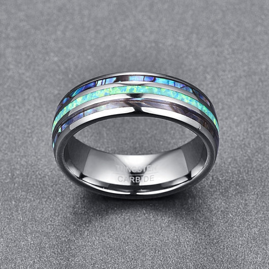 Anillo de Boda Tungsteno 8mm con Ópalo Sintético y Concha Abalone para Hombre y Mujer - Image 12