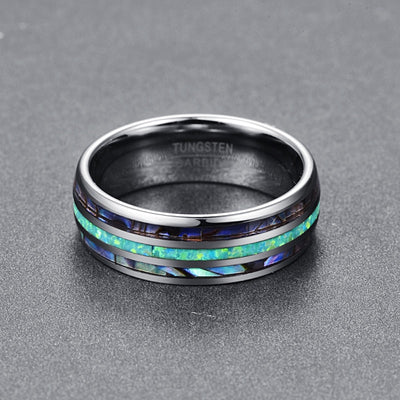 Anillo de Boda Tungsteno 8mm con Ópalo Sintético y Concha Abalone para Hombre y Mujer - Image 13