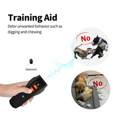 Dark gray handheld ultrasonic dog bark stopper with control buttons, indicator lights, and dimensions of 120x47x34mm. - Image 9