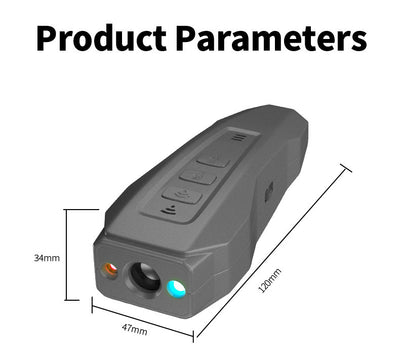 Dark gray handheld ultrasonic dog bark stopper with control buttons, indicator lights, and dimensions of 120x47x34mm. - Image 10