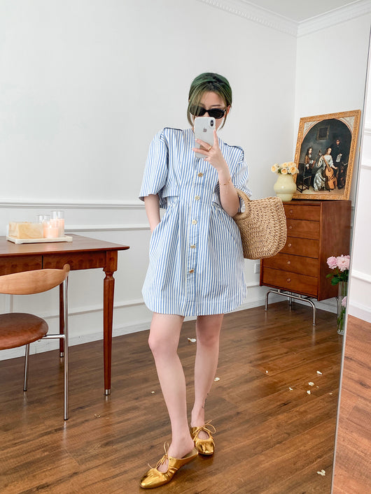 Vestido Camisero Retro Marinero con Cuello V y Rayas Desestructuradas - Image 13