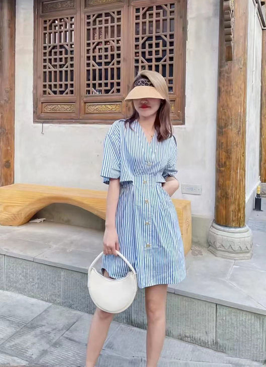 Vestido Camisero Retro Marinero con Cuello V y Rayas Desestructuradas - Image 15