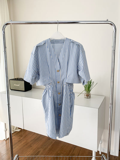 Vestido Camisero Retro Marinero con Cuello V y Rayas Desestructuradas - Image 17