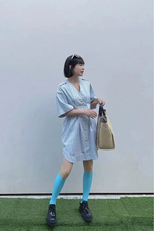 Vestido Camisero Retro Marinero con Cuello V y Rayas Desestructuradas - Image 18