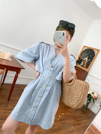 Vestido Camisero Retro Marinero con Cuello V y Rayas Desestructuradas - Image 22