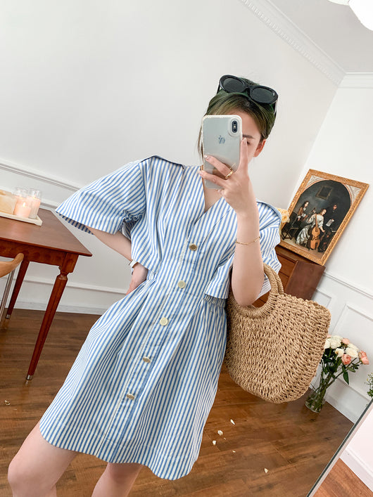 Vestido Camisero Retro Marinero con Cuello V y Rayas Desestructuradas - Image 22