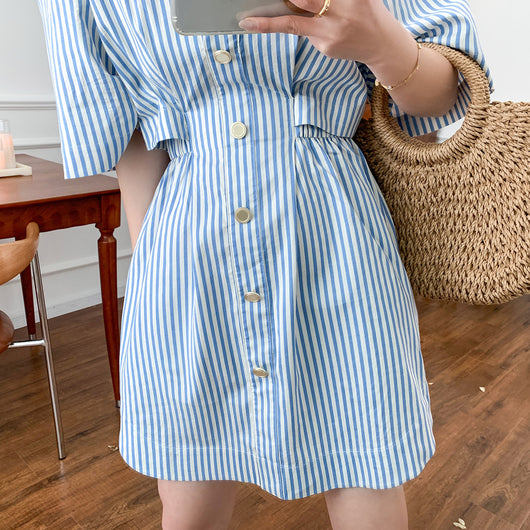 Vestido Camisero Retro Marinero con Cuello V y Rayas Desestructuradas - Image 23