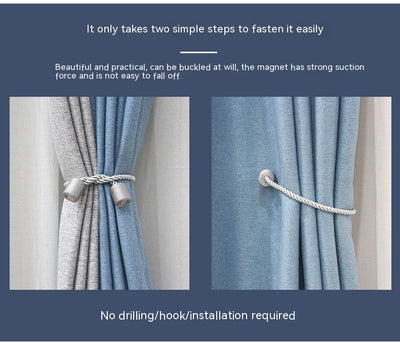 Black cylindrical magnetic curtain tieback holding a light blue pleated curtain, against a clean white background. - Image 12