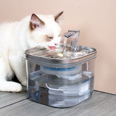 Automatic pet water fountain with clear reservoir, stainless steel top, and flowing water spout, shown with power adapter and filter set. - Image 12