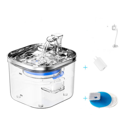 Automatic pet water fountain with clear reservoir, stainless steel top, and flowing water spout, shown with power adapter and filter set. - Image 15