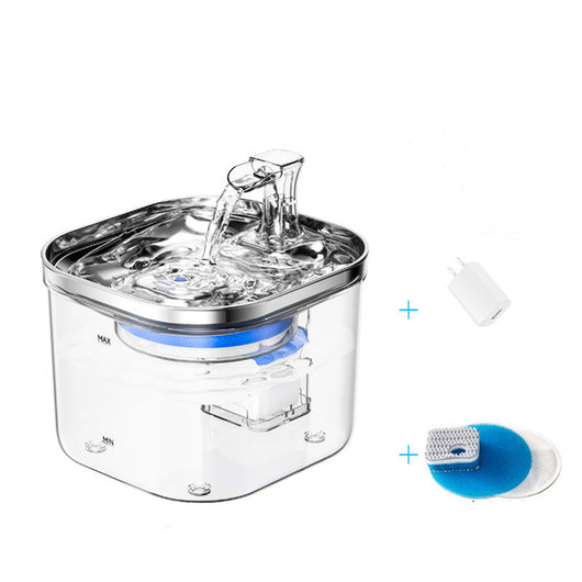 Automatic pet water fountain with clear reservoir, stainless steel top, and flowing water spout, shown with power adapter and filter set. - Image 17
