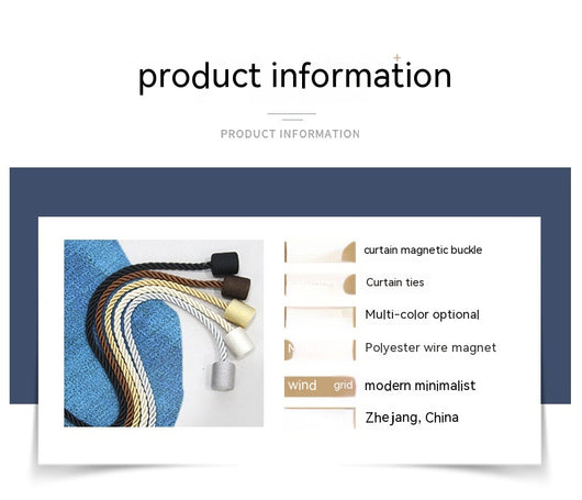 Black cylindrical magnetic curtain tieback holding a light blue pleated curtain, against a clean white background. - Image 21