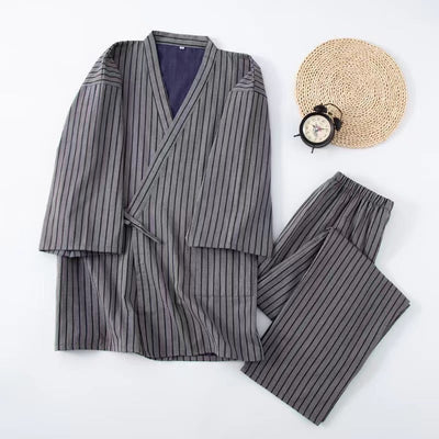 Pijama Doble Capa de Algodón a Rayas con Cordones Estilo Japonés - Image 17