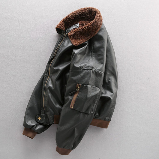 Chaqueta de Cuero Grueso Forrada en Polar para Hombre - Estilo Piloto Aviador - Image 9