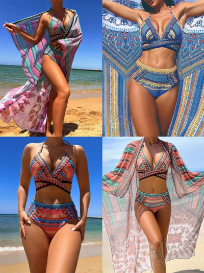 Women's three-piece bikini set with a colorful striped and geometric pattern, featuring a halter top, high-waisted bottoms, and a matching sheer cover-up, on a - Image 41