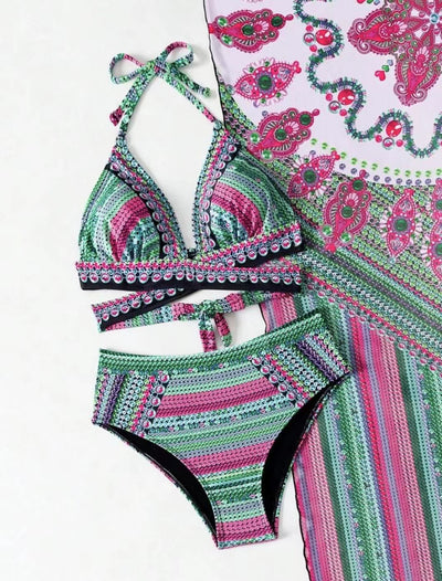 Women's three-piece bikini set with a colorful striped and geometric pattern, featuring a halter top, high-waisted bottoms, and a matching sheer cover-up, on a - Image 48