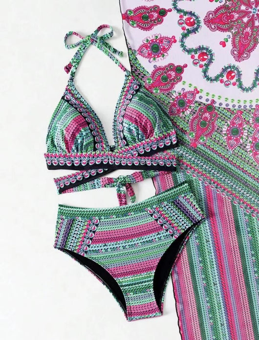 Women's three-piece bikini set with a colorful striped and geometric pattern, featuring a halter top, high-waisted bottoms, and a matching sheer cover-up, on a - Image 48