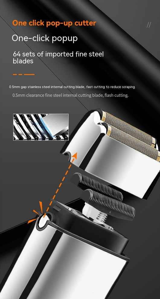 White and silver Kemei electric reciprocating shaver with gold foil head, cleaning brush, and USB charging cable. - Image 15