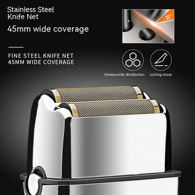 White and silver Kemei electric reciprocating shaver with gold foil head, cleaning brush, and USB charging cable. - Image 16