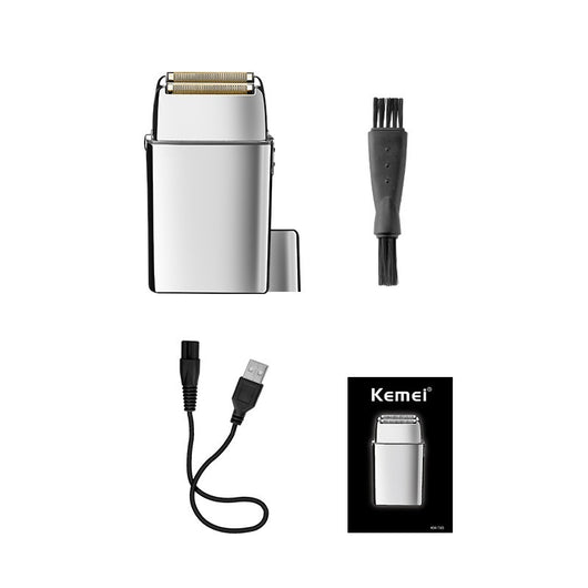 White and silver Kemei electric reciprocating shaver with gold foil head, cleaning brush, and USB charging cable. - Image 17