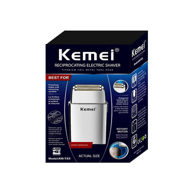 White and silver Kemei electric reciprocating shaver with gold foil head, cleaning brush, and USB charging cable. - Image 18