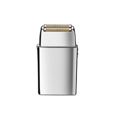 White and silver Kemei electric reciprocating shaver with gold foil head, cleaning brush, and USB charging cable. - Image 19