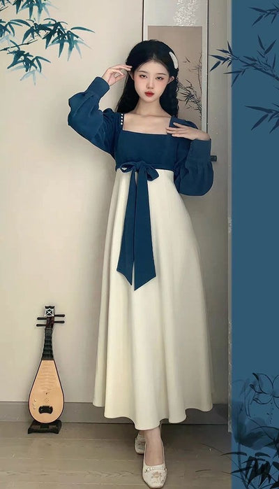 Falda Midi Elegante Estilo Chino Retro con Cuello Cuadrado y Cintura Alta - Image 7