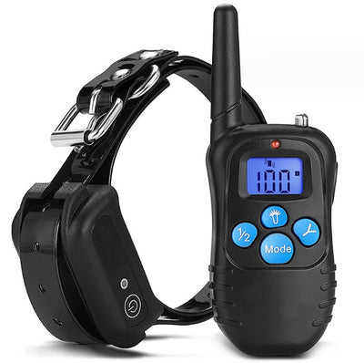 Black remote control dog trainer with blue LCD screen, alongside one black and one orange training collar. - Image 7