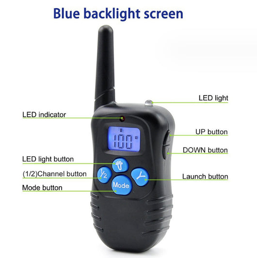 Black remote control dog trainer with blue LCD screen, alongside one black and one orange training collar. - Image 8