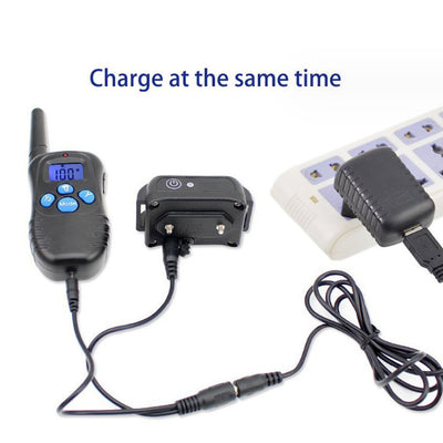 Black remote control dog trainer with blue LCD screen, alongside one black and one orange training collar. - Image 9